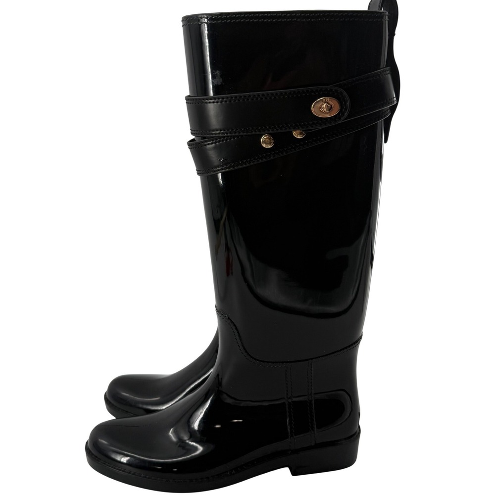 Coach Talia Waterproof Rain Boot 8 Black Glossy Turnlock Strap Tall Rubber